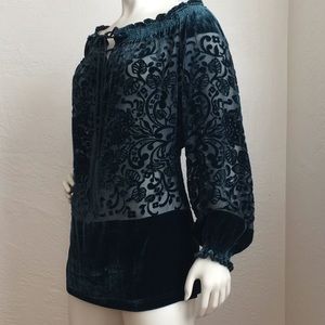 Sundance tunic, length blouse, sheer with velvet in deep forest green
